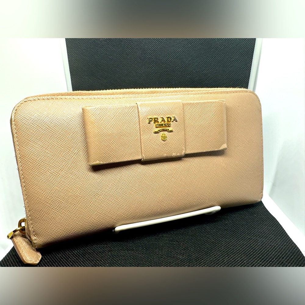 Prada Saffiano Leather Bow Beige Long Zip Wallet